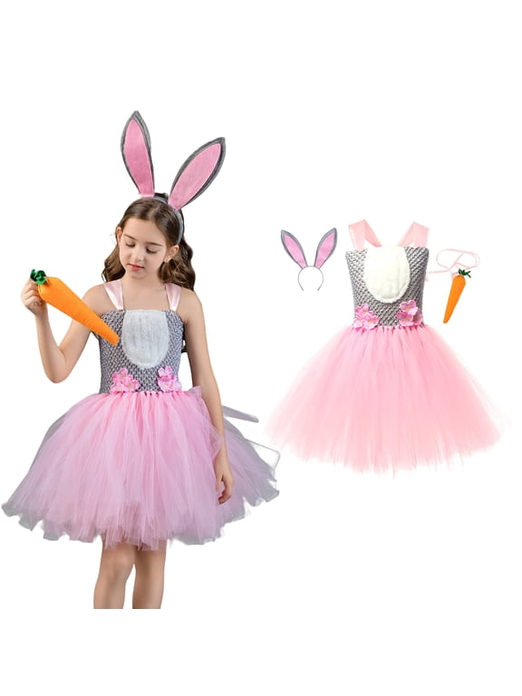 Kids Easter Bunny Sleeveless Tutu Tulle Dresses and Headband Set Dress up Performance Clothes 8-9 Years Clothes for Girls