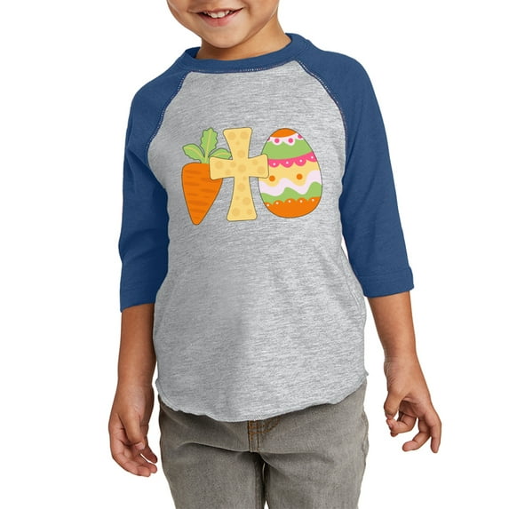Kids Easter Carrot Cross Eggs Graphic Toddler Raglan - Happy Easter Day Tshirt for Kids - Christian Shirt Gifts