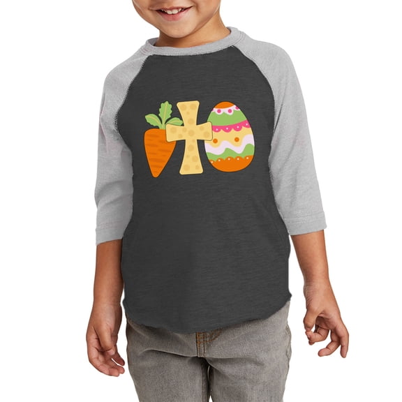 Kids Easter Carrot Cross Eggs Graphic Toddler Raglan - Happy Easter Day Tshirt for Kids - Christian Shirt Gifts