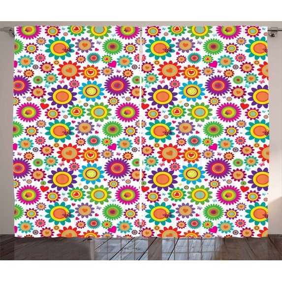 Ambesonne Easter Curtains 2 Panel Set, Colorful Camomiles, 108" x 96", Multicolor