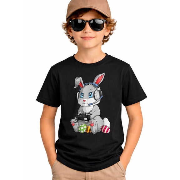 Kids Easter Gamer Bunny T-Shirt, Cute Rabbit Gaming Graphic Tee