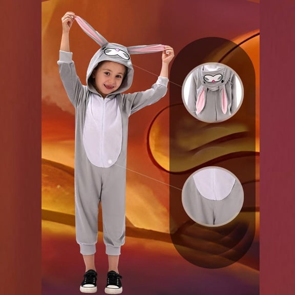 Kids Easter Outfits Sets Bunny One Piece Set Boys Girls Grey Hooded Jumpsuit with 3D Bunny Face Ears Fairy Tale Party Dress up Clothes Grey XL