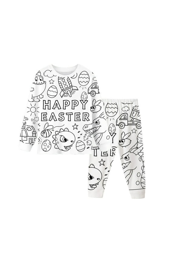Kids Easter Pajamas Boys Girls Novelty Coloring Pajama Sets Diy Colorable Letter Tops And Pants Set 2 Piece Sets Valentines Halloween Fall Carnival Birthday Christmas Gifts 2-9Y #01 White,2Y