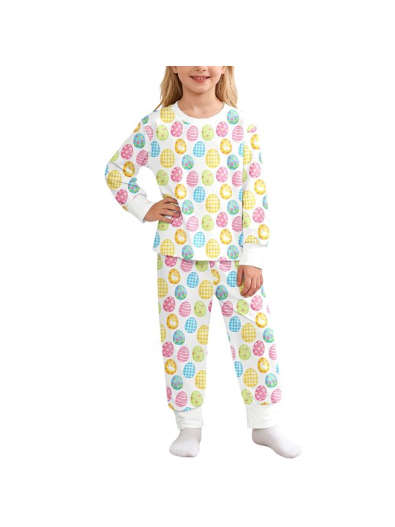 Kids Easter Pajamas For Kids Long Sleeve Pullover Crewneck Soft Pajamas Pants Set Easter Bunny Toddler Easter Outfit 4-5 Years