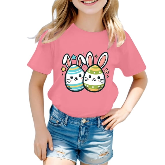 Kids Easter Shirt Cute Bunny Egg Graphic Tees Short Sleeve Regular Fit Casual Holiday Outfits Little Boys Girls 2-8T Pink, 6-7 Years