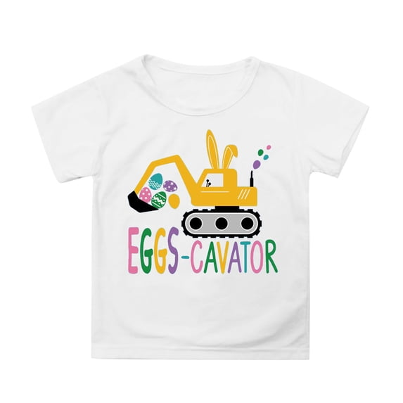 Kids Easter Shirt Cute Cartoon Eggs Excavator Graphic Tees Boys Girls Short Sleeve Casual Holiday Clothes 3-13 Years White, 8-9 Years