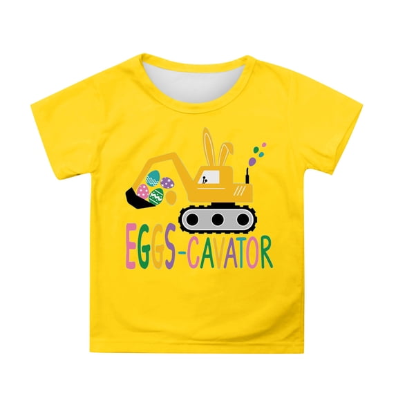 Kids Easter Shirt Cute Cartoon Eggs Excavator Graphic Tees Boys Girls Short Sleeve Casual Holiday Clothes 3-13 Years Yellow, 8-9 Years