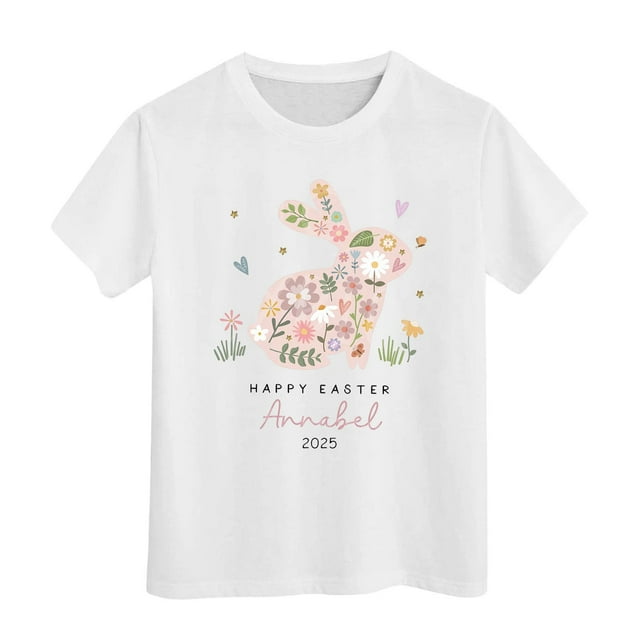 Kids Easter Shirts Girls Bunny Eggs Short Sleeve Tee for Toddler Round Neck Blouse Tops Comfy T Shirts for Boys and Girls White,6-7 Years