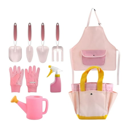 Kids Educational Gardening Tool Set Pink Compact Size Accessory Sturdy, to Develop Child Imagination And Physical Activity 9Pcs