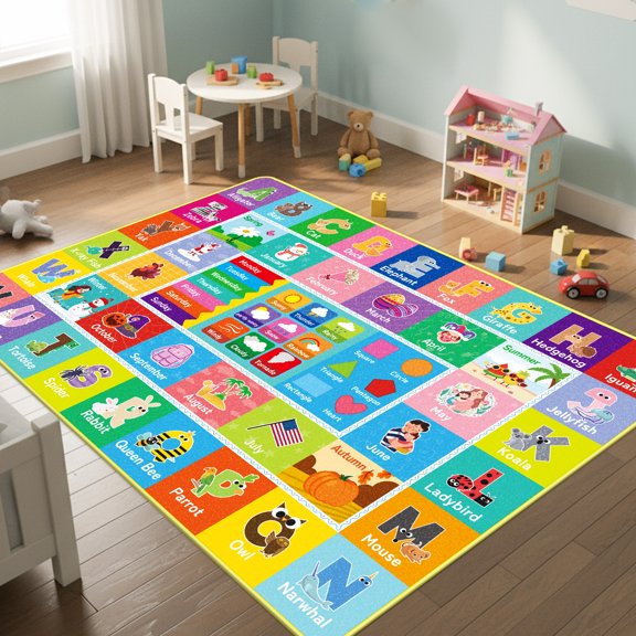 Kids Educational Learning Rug ABC Alphabet Month Weather Week Shapes Play Carpet for Bedroom Classroom 78.7X59 INCH