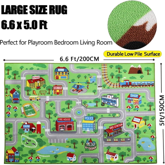 Kids Educational Play Rug - 6.6' x 5' Traffic Road Car Mat Learning Play Game Area Rug for Playroom, Living Room, Nursery Room Decor