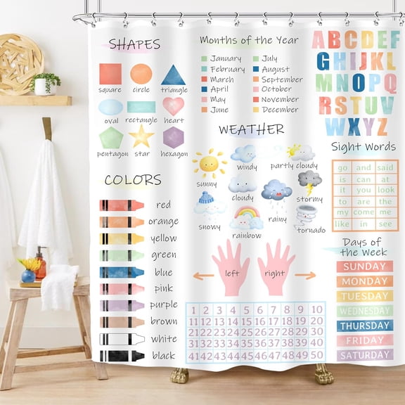 Kids Educational Shower Curtain 72Wx72H Inches ABC Alphabet Watercolor Pastel Numbers Shapes Colors Weather Knowledge Children Nursery Fabric Waterproof Polyester with 12 Pack Hooks Plastic