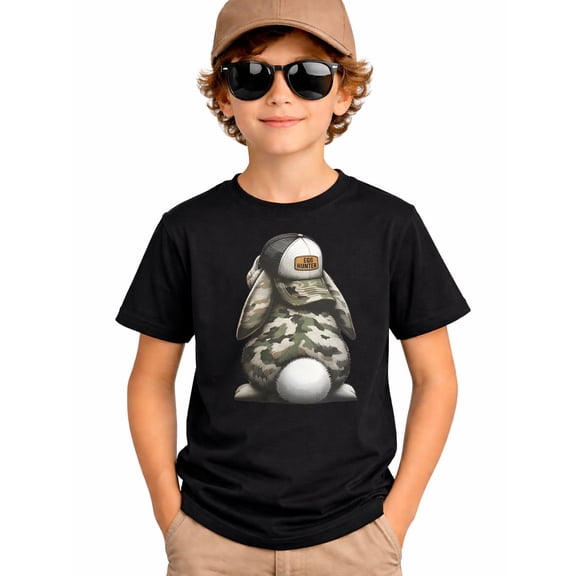 Kids Egg Hunter Bunny T-Shirt, Camo Easter Rabbit Graphic Tee