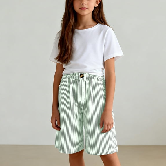 Kids Elastic Waist Gingham Bermuda Shorts, Boys Girls Soft Plaid Loose Knee Length Shorts for Summer Daily Loungewear Light Green 150