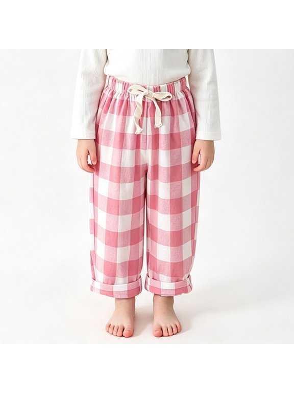 Kids Elastic Waist Plaid Pants, Toddler Gingham Casual Trousers with Drawstring Pink 90