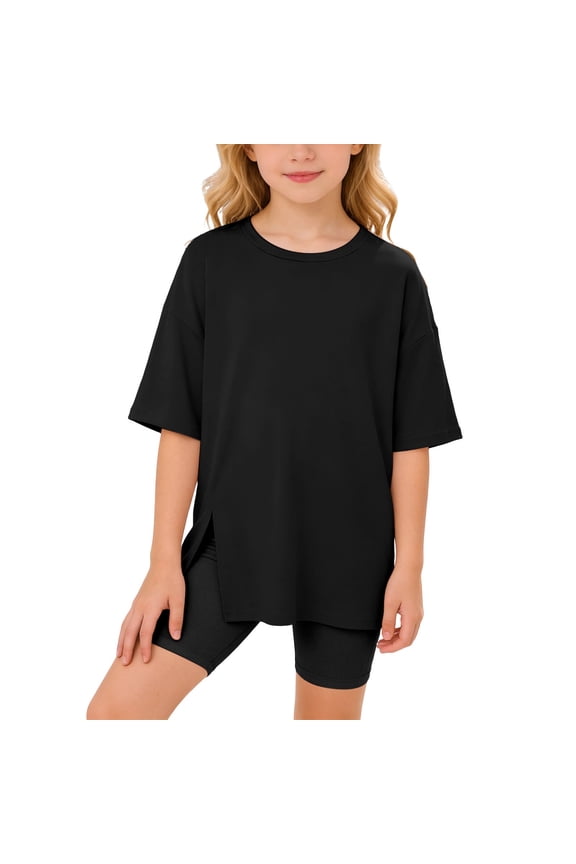 Kids' Elbow Sleeve T Shirt Solid Color Flared Hem Split Top Black 9 Y-10 Y