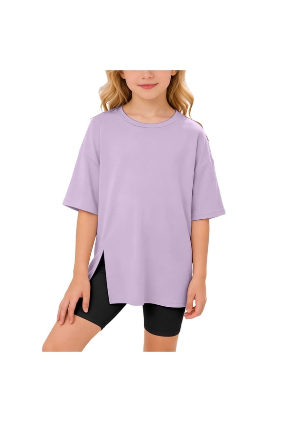 Kids' Elbow Sleeve T Shirt Solid Color Flared Hem Split Top Light Purple 11 Y-12 Y