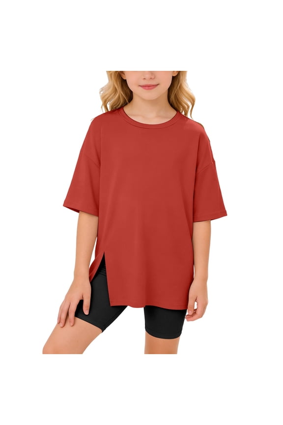 Kids' Elbow Sleeve T Shirt Solid Color Flared Hem Split Top Watermelon Red 7 Y-8 Y