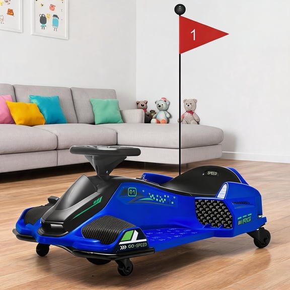 Kids Electric Drift Go Kart Ride On Toy Car, 12V Battery Powered Race Vehicle with Steering Wheel, LED Lights, Red Flag, Toddler Racing Ride On Cart for Boys Girls 3-8