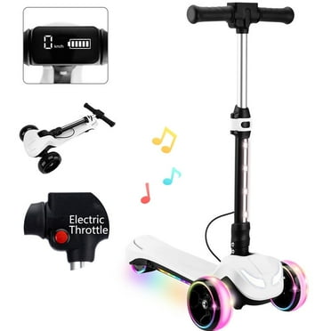 Kids Electric Scooter w/LCD Screen, Bluetooth Music, Light-Up Stem Deck & Wheels, Thumb Throttle, 3 Adjustable Heights, 150W Powerful Motor, Foldable 3 Wheel Electric Scooter for Kids Boy Girl, White