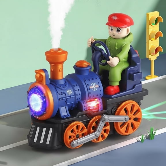 Kids Electric Steam Spray Train Toy, Omnidirectional UniversalWheel Train Toy, Fun Play Vehicle Gift for Boys & Girls, Blue