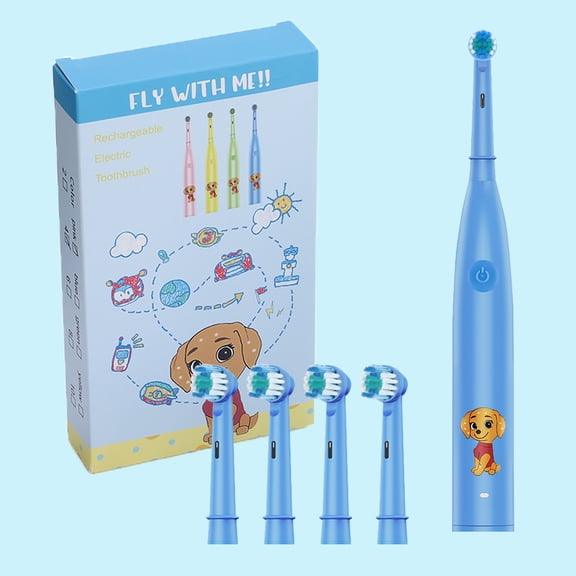 Kids Electric Toothbrush with 5 Cleaning Modes and 2 Mins Brushing Timer, IPX7 Waterproof Battery Powerd Toothbrus with 4 Bursh Heads for Kids Aged 3+ (Blue)