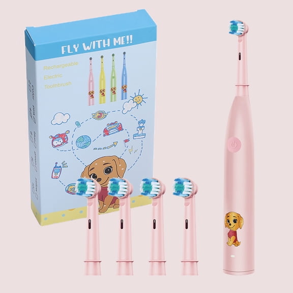 Kids Electric Toothbrush with 5 Cleaning Modes and 2 Mins Brushing Timer, IPX7 Waterproof Battery Powerd Toothbrus with 4 Bursh Heads for Kids Aged 3+ (Pink)