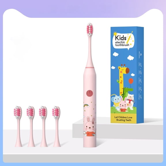 Kids Electric Toothbrush, 5 Modes Sonic Toothbrush (12,000 RPM) with 4 Replacement Heads, Extra Soft Bristles for Ages 3-12, IPX7 Waterproof, Pink Rabbit Design