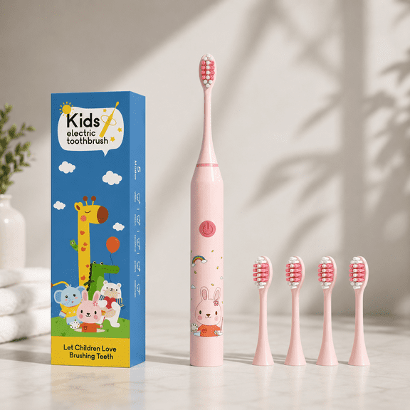Kids Electric Toothbrush, 5 Modes Sonic Toothbrush (12,000 RPM) with 4 Replacement Heads, Extra Soft Bristles for Ages 3-12, IPX7 Waterproof, Pink Rabbit Design