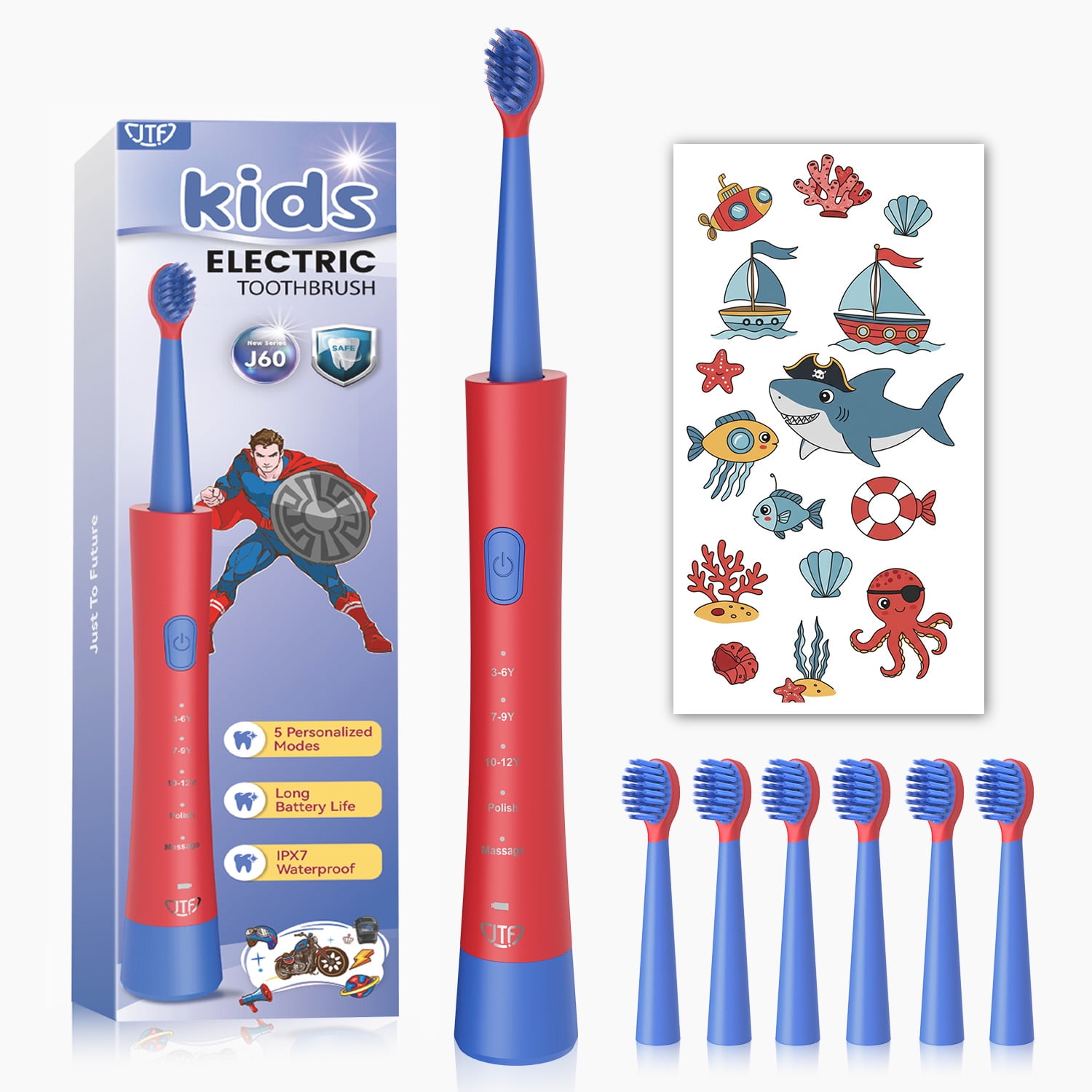 JTF Kids Electric Toothbrush with 6 Brush Heads, 5 Modes Sonic Electric Toothbrush, IPX7 Waterproof, Rechargeable Power Toothbrush for Home School Travel with Stickers for Girls and Boys