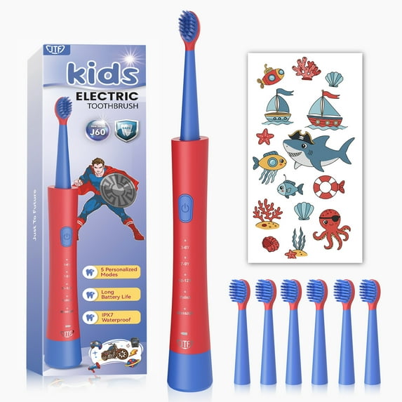JTF Kids Electric Toothbrush with 6 Brush Heads, 5 Modes Sonic Electric Toothbrush, IPX7 Waterproof, Rechargeable Power Toothbrush for Home School Travel with Stickers for Girls and Boys