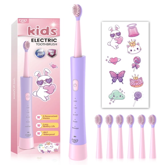 JTF Kids Electric Toothbrush with 6 Brush Heads, 5 Modes Sonic Electric Toothbrush, IPX7 Waterproof, Rechargeable Power Toothbrush for Home School Travel with Stickers for Girls and Boys