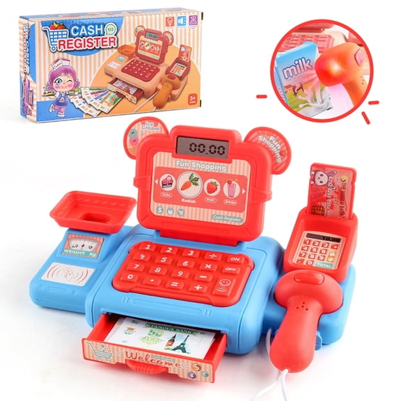 Kids Electronic Cash Register Toy with Scanner, Calculator, Light & Sound - Pretend Play Grocery Store Playset with Fruits, Vegetables & Drink Toys-1M-B