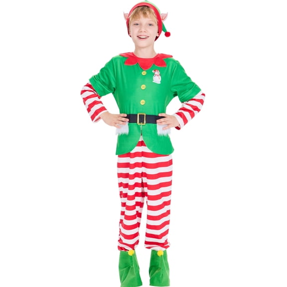 Kids Elf Costume Boys Christmas Santa Helper Outfit with Hat, Shoe-covers Holiday Party Dress Up