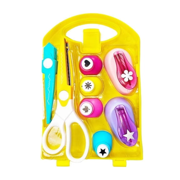 Kids Embossing Machine Set, 6 Punches & Scissors, Develops Fine Motor Skills & Creativity, DIY Craft Kit for Paper & Leaves