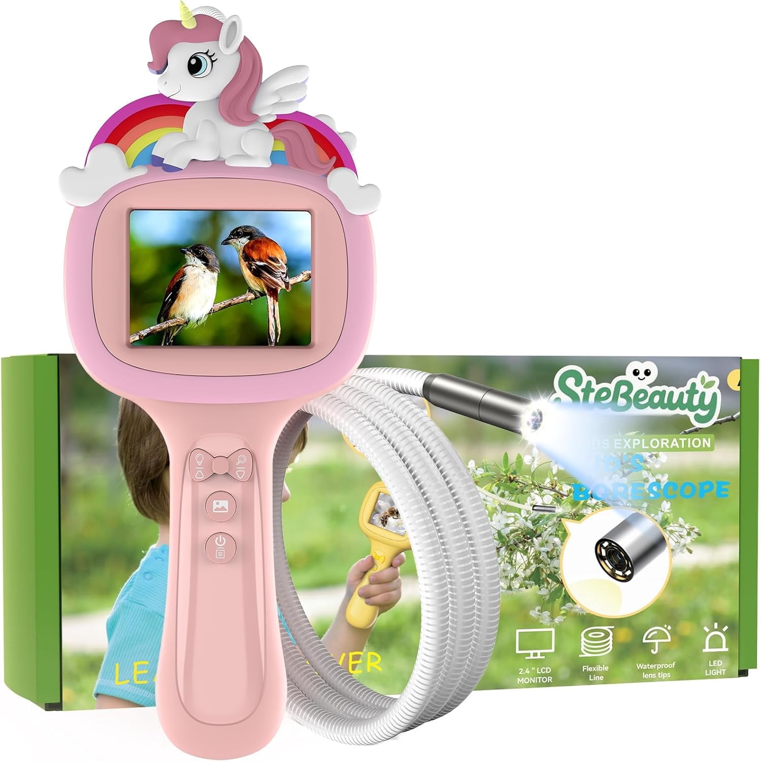 Kids Endoscope Camera with Light - Unicorn Design STEM Educational Science Toy, Ideal for Outdoor Adventures & Nature Activities, Birthday Gift for Girls Aged 4-10 (Pink)