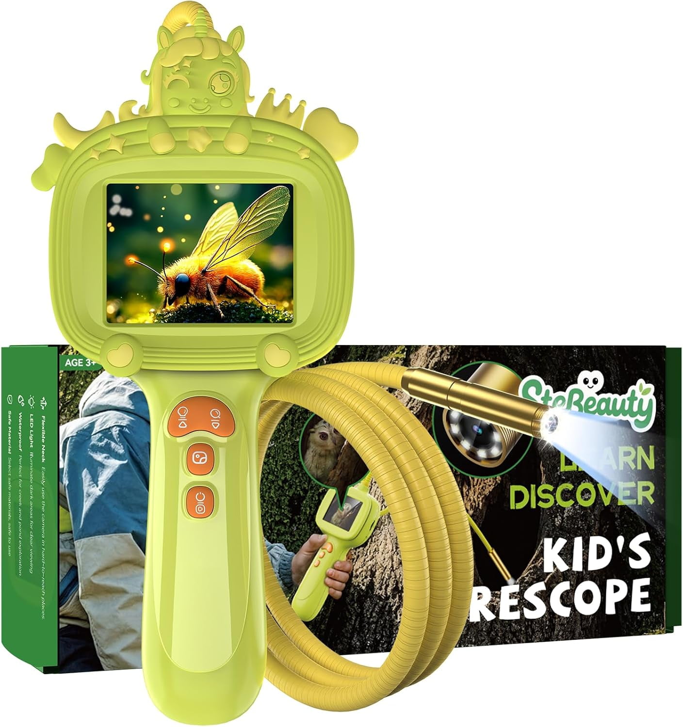 Kids Endoscope Snake Camera with Light - Mini Unicorn Design, Photo & Video Function, STEM Educational Toy for Hiking Camping, Birthday Gift for Boys Girls Aged 4-10 (Green)
