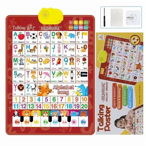 Kids' English-Spanish Alphabet Poster with Interactive Talking Alphabet & Number Chart for Early Education Fun Bilingual Learning ABC & Basic Vocabulary Toy