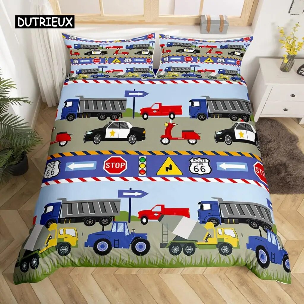 Kids Equipment Trucks Duvet Cover King Boys Cartoon Car Excavator