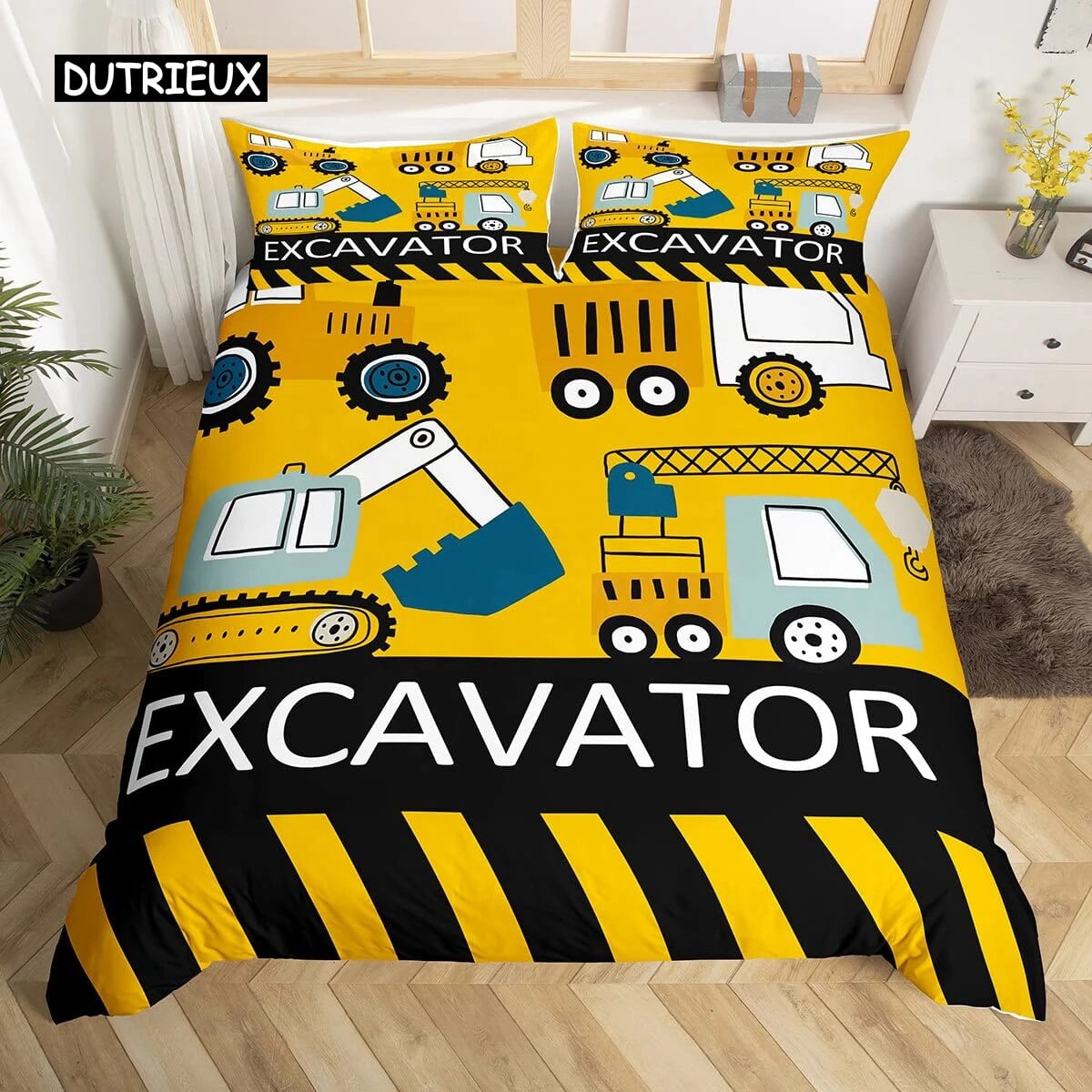 Kids Equipment Trucks Duvet Cover King Boys Cartoon Car Excavator