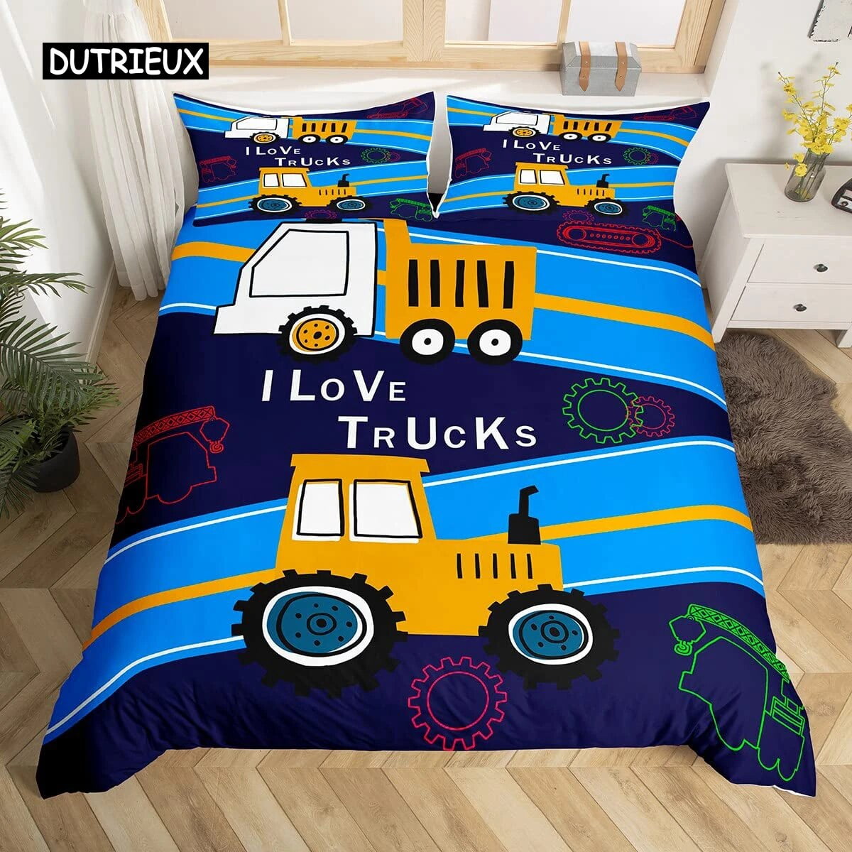 Kids Equipment Trucks Duvet Cover King Boys Cartoon Car Excavator