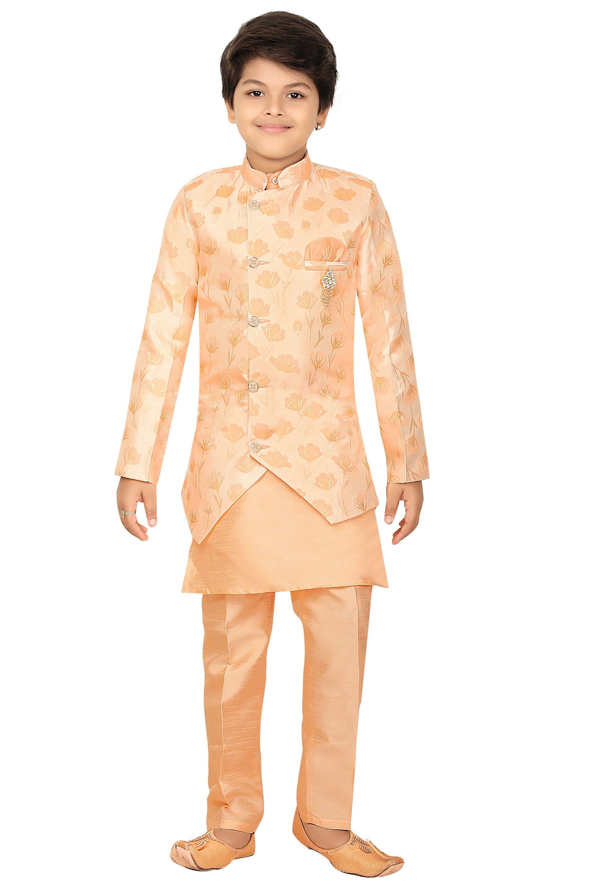Ahhaaaa Boys Woven Brocade Jacket Style Indo Western Sherwani Set Kurta Pyjama Suit for Kids