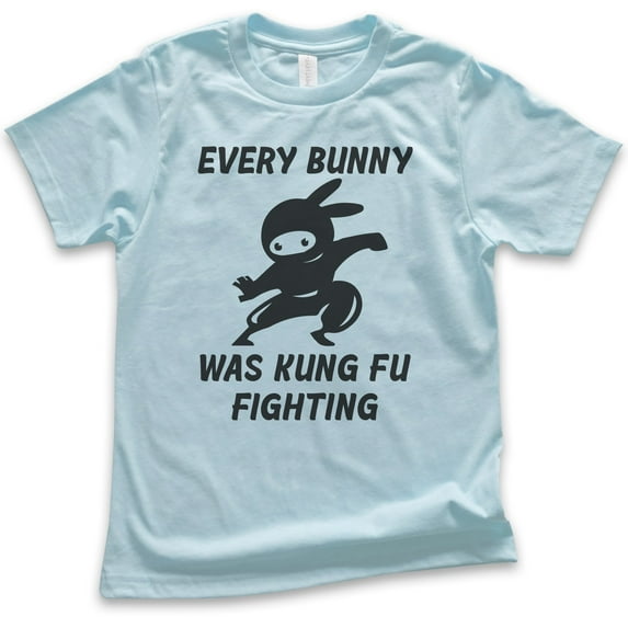 Kids Every Bunny Was Fung Fu Fighting Shirt, Youth Kids Boy Girl T-Shirt, Easter Rabbit Bunny Shirt, Ninja Shirt, Light Blue, Large