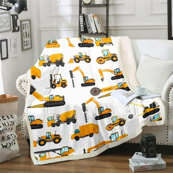 Kids Excavator Blanket Farm Tractor Throw Blanket Boys Girls Cartoon Construction Truck Fleece Blanket Toddler Children Machinery Truck Cars Sherpa Blanket Digger Bedroom Decor 40"x50"