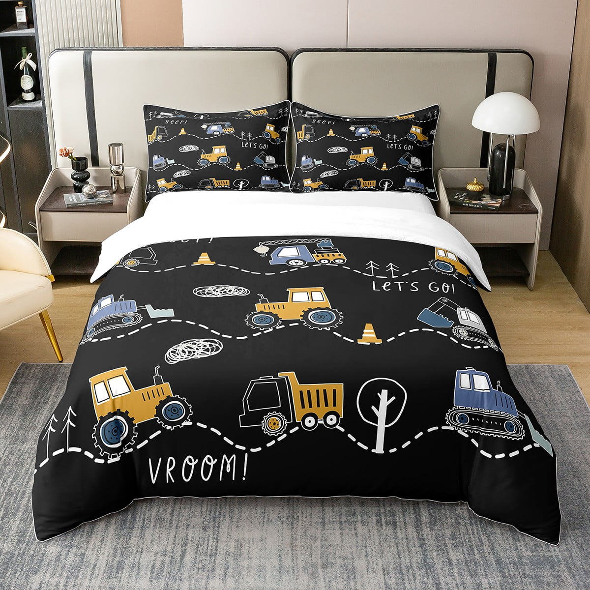 Kids Excavator Comforter Cover Twin Size,Retro Truck Duvet Cover for