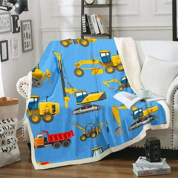 Kids Excavator Flannel Fleece Throw Blanket, Home Decorative Warm Cartoon Yellow Truck Tractor Print Plush Cozy Soft Blankets for Chair/Bed/Couch/Sofa, Construction Pattern Baby 30"x40"