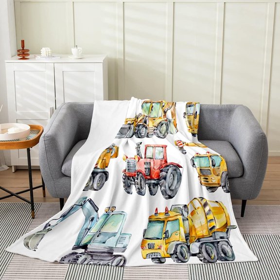 Kids Excavator Plush Blanket Baby All Season Soft Retro Truck Throw Blanket Lightweight Warm for Boys Girls,Construction Tractor Flannel Blanket Hand Drawn Cartoon Vehicle Fuzzy Blanket Sofa Decor