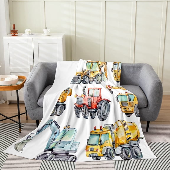 Kids Excavator Plush Blanket Twin All Season Soft Retro Truck Throw Blanket Lightweight Warm for Boys Girls,Construction Tractor Flannel Blanket Hand Drawn Cartoon Vehicle Fuzzy Blanket Sofa Decor