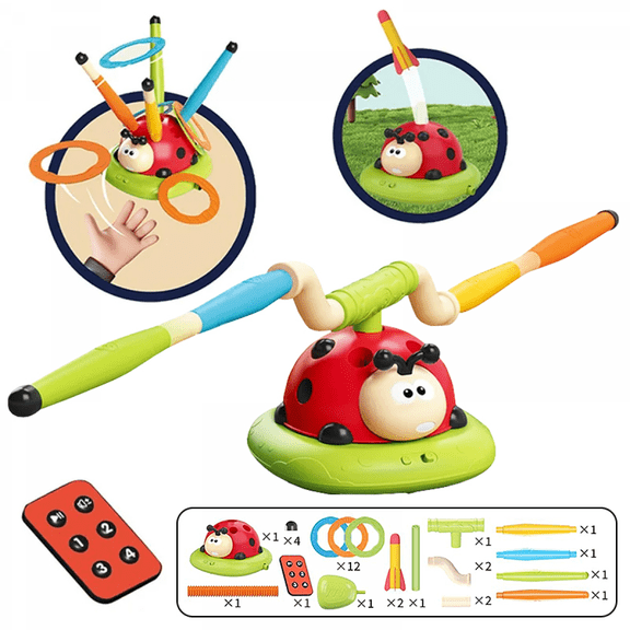 Kids Exercise Equipment Jump Rope Toys, 3 in 1 Musical Jump, Toss Rings Game and Stomping Launcher Toy Set with Remote Control for Boys Girls Outdoor Play Gifts