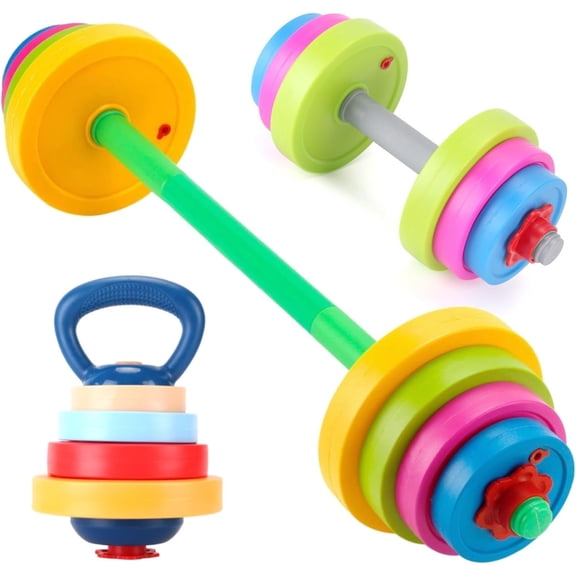 Kids Exercise Weight Set - 3-in-1 Adjustable Workout Toy Equipment for Children Pretend Play Exercise - Toddler Beginner Gym, Fitness, Weightlifting and Powerlifting (Dumbbell, Barbell, Kettlebell)